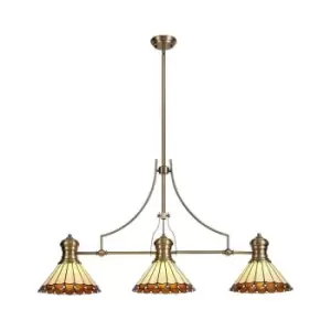 3 Light Telescopic Ceiling Pendant E27 With 30cm Tiffany Shade, Antique Brass, Amber, Crystal - Luminosa Lighting