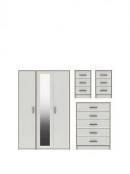 Brianne Part Assembled 4 Piece Package - 3 Door Mirrored Wardrobe, 5 Drawer Chest And 2 Bedside Chests