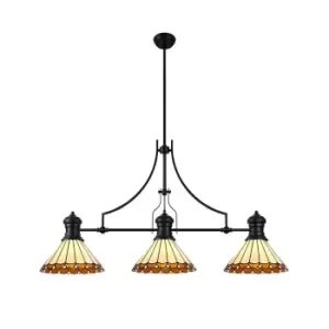 Worcester, 3 Light Linear Ceiling Pendant E27 With 30cm Tiffany Shade, Matt Black, Amber, Cream, Crystal