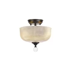 Dresden 2 Light Semi Flush Ceiling Lamp E27 With Round 26.5cm Prismatic Effect Glass Shade Matt Black, Clear