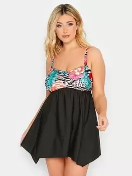 Yours Tropical Animal Bandeau Hanky Hem Swimdress, Black, Size 30-32, Women