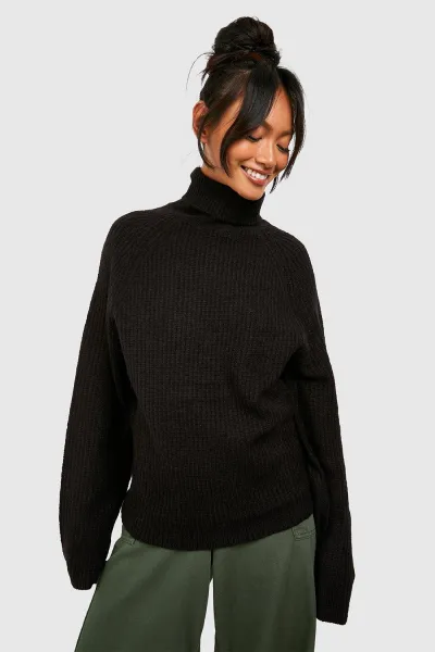 Knitted Roll Neck Jumper With Raglan Sleeve