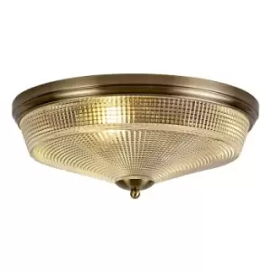 Luminosa DeRuyter 3 Light E27 Flush Ceiling Lamp, Antique Brass, Prismatic Glass