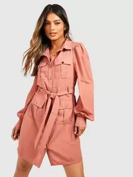 Boohoo Utility Pocket Shirt Dress - Pink, Size 12, Women