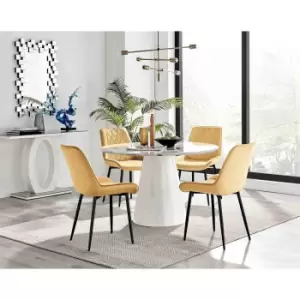 Furniture Box Palma White Marble Effect Round Dining Table and 4 Mustard Pesaro Black Leg Chairs