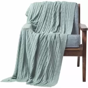 Cotton Cable Knit Throw Duck Egg Blue, 130 x 170cm - Blue - Homescapes