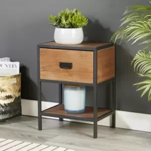 Cayman - Retro Wooden Dark Brown Side Table or Bedside Cabinet 1 Drawer Metal Handles - Brown