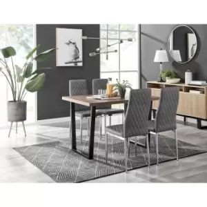 Furniturebox UK - Furniturebox Kylo Brown Wood Effect Dining Table & 4 Grey Milan Velvet Dining Chairs Diamond Stitch Modern Contemporary Chrome Metal