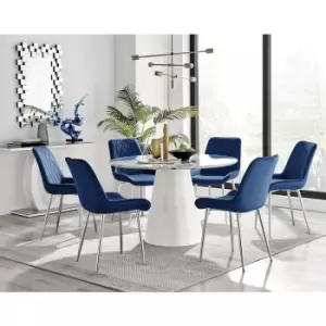 Furniturebox Palma White Marble Effect 120cm Round Minimalist Dining Table & 6 Navy Pesaro Silver Leg Velvet Chairs