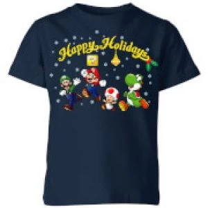 Nintendo Super Mario Good Guys Happy Holidays Kid's Christmas T-Shirt - Navy - 5-6 Years - Navy