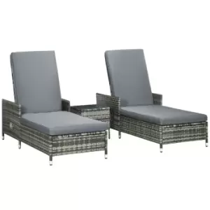 Outsunny 3 Pieces Rattan Sun Lounger, Patio Chaise Lounge Chair Set with Adjustable Backrest, Soft Cushions, Glass Top Table, Grey