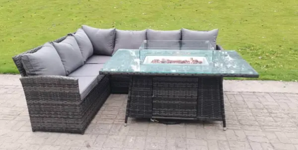 Fimous 6 Seater Outdoor Dark Grey Rattan Lounge Complete Sofa Set with Gas Fire Pit Dining Table and Gas Heater