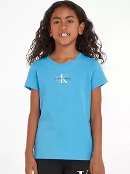 Calvin Klein Jeans Girls Micro Monogram Short Sleeve Top - Blue Crush