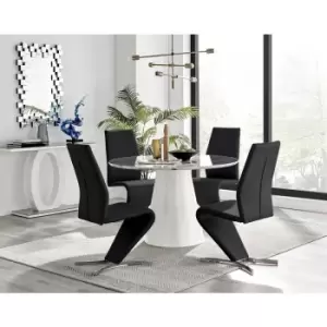 Furniturebox Palma White Marble Effect 120cm Round Minimalist Dining Table & 4 Black Willow Silver Feet Faux Leather Chairs