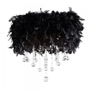 Flush Ceiling with Black Feather Shade 3 Light Polished Chrome, Crystal