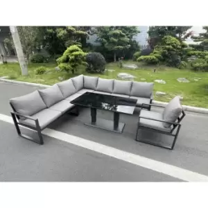 Fimous 8 Seater Outdoor Dark Grey Aluminum Corner Sofa Complete Dining Set with Adjustable Rising Lifting Table