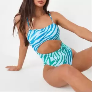 Missguided Zebra Print Ruched Cut Out Strappy Swimsuit - Blue