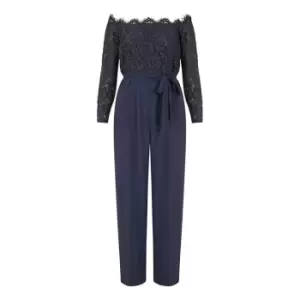 Yumi Navy Lace Bardot three quarterSleeve Jumpsuit - Blue