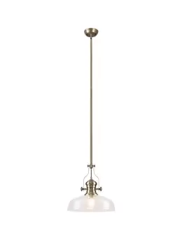 Dome Ceiling Pendant With 38cm Flat Round Shade, 1 x E27, Antique Brass, Clear Glass