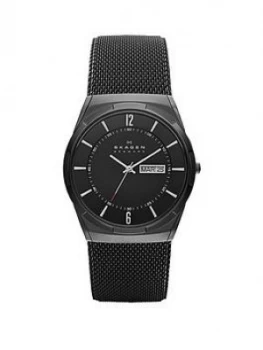 Skagen Black Daydate Dial Black Leather Strap Mens Watch