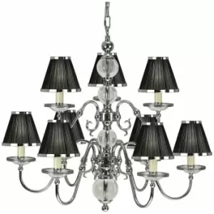 Loops - Flemish Ceiling Pendant Chandelier Polished Nickel & Black Shades 9 Lamp Light