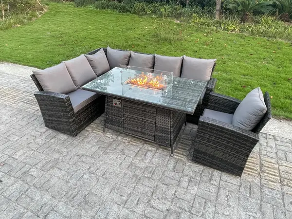 Fimous 7 Seater Outdoor Dark Grey Rattan Lounge Complete Sofa Set Left Side with Gas Fire Pit Dining Table and Gas Header