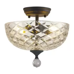 Luminosa Talisa 2 Light Semi Flush Ceiling Lamp E27 With Flat Round 30cm Patterned Glass Shade Graphite, Clear