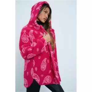 I Saw It First Pink Oversized Paisley Print Borg Shacket With Hood - Pink