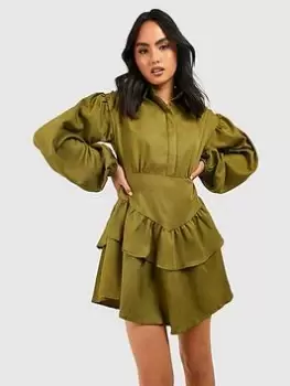 Boohoo Ruffle Skirt Shirt Dress - Khaki, Green, Size 16, Women