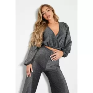 I Saw It First Glitter Wrap Front Crop Top - Grey