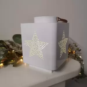 140 x 185M White Metal Star Design Lantern With Glass Candle Pot and Copper Handle