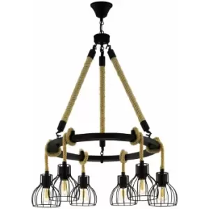 Hanging Ceiling Pendant Light Black & Rope 6x E27 Hallway Feature Chandelier