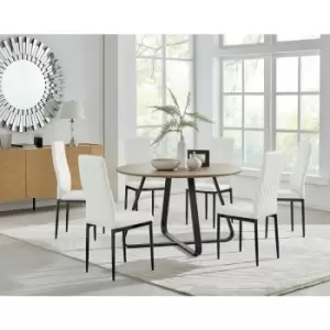 Santorini Brown Round Dining Table And 6 White Milan Black Leg Chairs - White