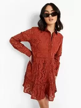 Boohoo Broderie Tiered Shirt Dress - Rust