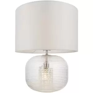 Clear Ribbed Glass Twin Lit Table Lamp Light & Vintage White Fabric Shade