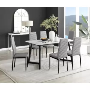 Furniturebox Carson White Marble Effect Rectangular 160cm Dining Table & 6 Grey Milan Black Leg Faux Leather Chairs