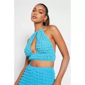 I Saw It First Blue Textured Plunge Front Halterneck Crop Top - Blue