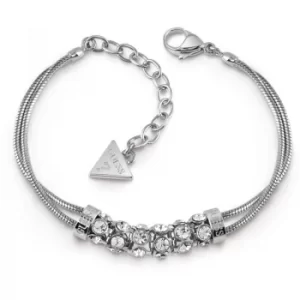 GUESS rhodium plated double-bracelet with centred pav Swarovski crystal bar.