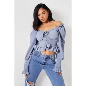 I Saw It First Dusty Blue Textured Milkmaid Ruched Front Blouse - Blue