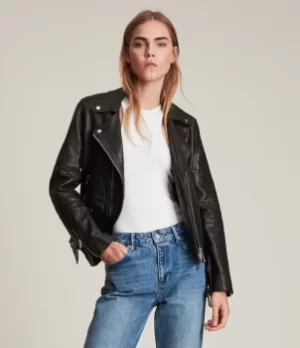 AllSaints Womens Dren Leather Biker Jacket, Black, Size: 12