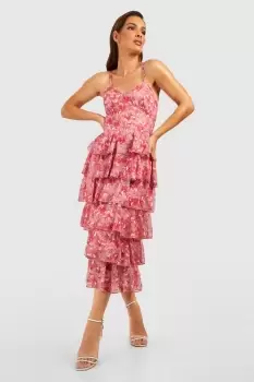 Chiffon Floral Tiered Strappy Midi Dress