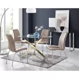 Furniturebox Leonardo 120cm Modern Glass And Gold Metal Leg Dining Table And 4 Cappuccino Beige Isco Faux Leather Silver Chrome Leg Dining Chairs