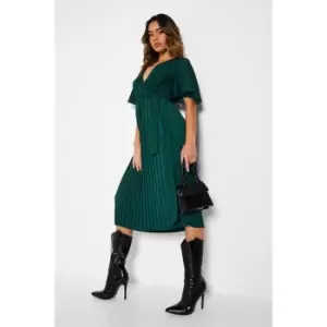 I Saw It First Satin Wrap Batwing Pleated Midi Dress - Green