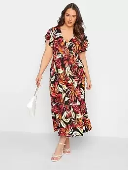 Yours Floral V-Neck Wrapped Dress With Hem Panel - Black & Orange, Black, Size 18, Women