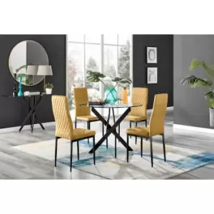 Furniture Box Novara Black Leg Round Glass Dining Table and 4 Mustard Velvet Milan Black Leg Chairs