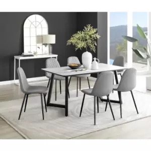 Furniturebox UK - Furniturebox Carson White Marble Effect Rectangular 160cm Dining Table & 6 Grey Corona Faux Leather Dining Chairs with Black Legs