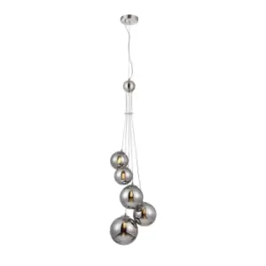 Marshall Ceiling Pendant, 5 Light G9, Satin Nickel, Chrome Plated Glass