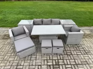 Fimous 5 Seater Outdoor Light Grey Rattan Lounge Complete Sofa Set with 2 Side Tables, 2 Stools and Big Footstool