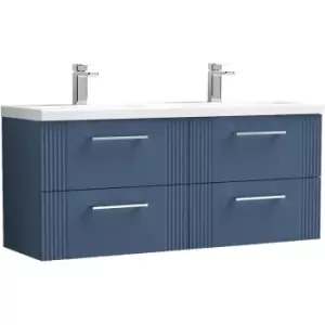 Nuie Deco Satin Blue 1200mm Wall Hung 4 Drawer Vanity Unit with Twin Polymarble Basin - DPF393F - Satin Blue