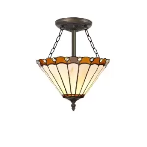 Middleburgh 3 Light Semi Flush Ceiling E27 With 30cm Tiffany Shade, Amber, Crystal, Aged Antique Brass